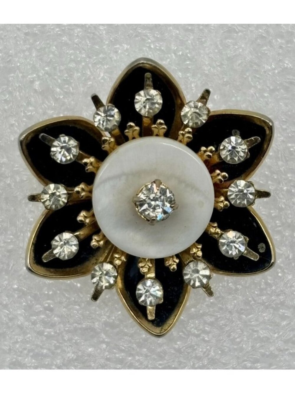 Vintage Coro Floral Brooch Pin Gold-Tone Black Enamel Rhinestone Mother of Pearl